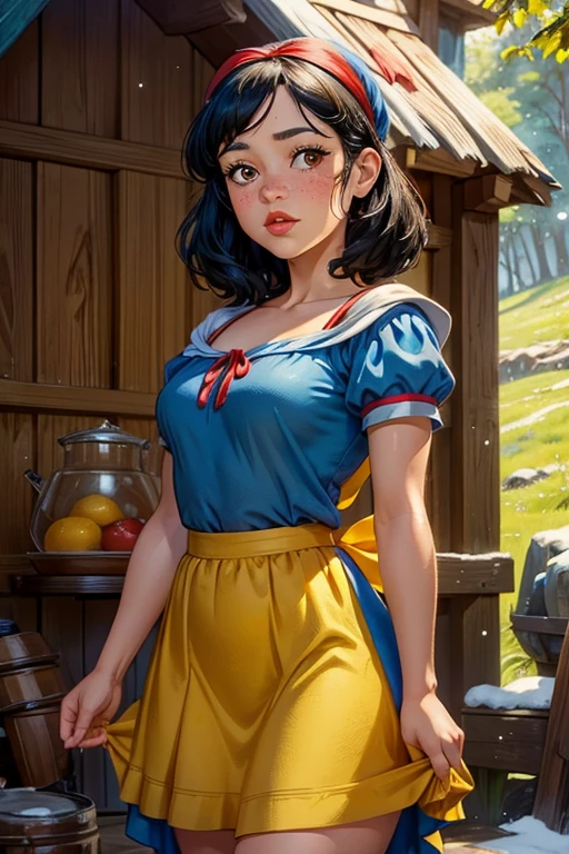 1girl, young girl, Jenna Ortega as Snow White, outside 7 dwarfs hut, blue dress, yellow skirt, red ribbon headband, freckles, blushing, red lips, 