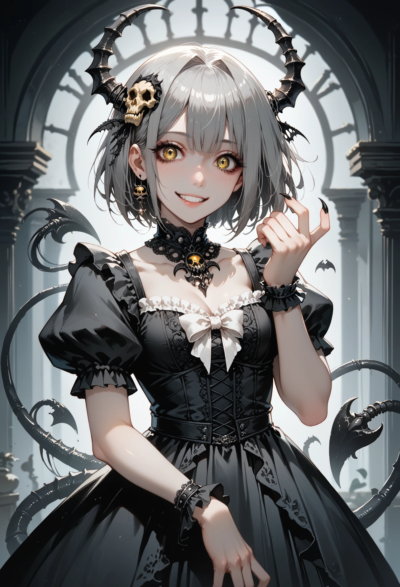 A girl with a black scorpion tail. Black carapace. gothic dress. Her one hand becomes a scorpion's claw. Gray hair. short hair. Yandere Smile. yellow eyes hair ornament in her hair. mucus.