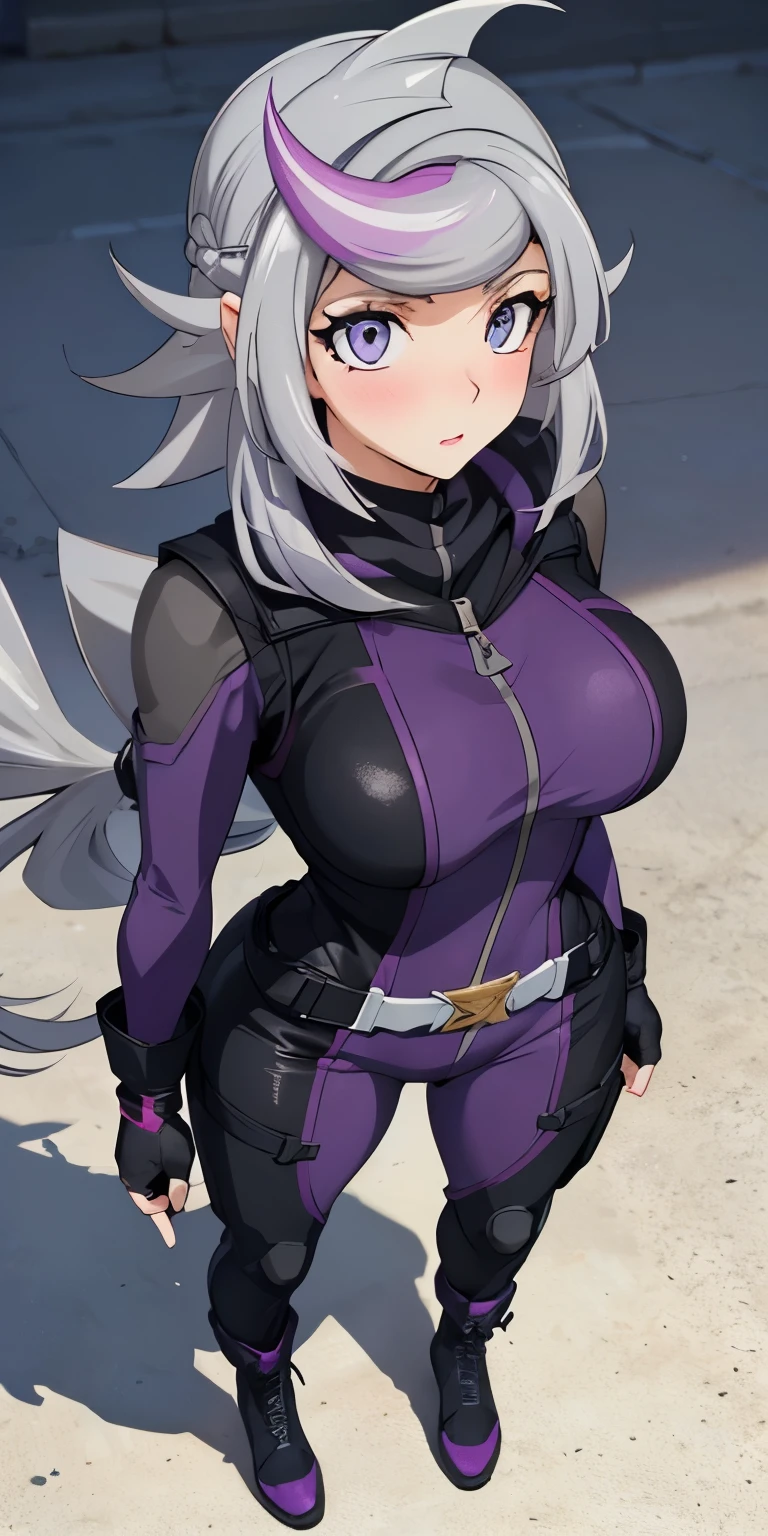 1 Female,High definition,high resolution,Ultra-realistic,8K, 1girl,  (emma_bessho:1.2),  (grey hair:1.2),(  purple hair:1.2),  grey eyes,  low-tied long hair,  (medium breasts:1.2),  (wide hips:1.2),  (purple bodysuit:1.2),  (long sleeves:1.2),  pants,  (black gloves,  fingerless gloves:1.2),medium breasts, black boots,European,sexy,Upper body close-up,Photographed from the front,Dynamic Angles,blush, medium tits ,(top view),(full body), perfect face,cute face,perfect face,cute face,ultra high definition, detailed face,8k