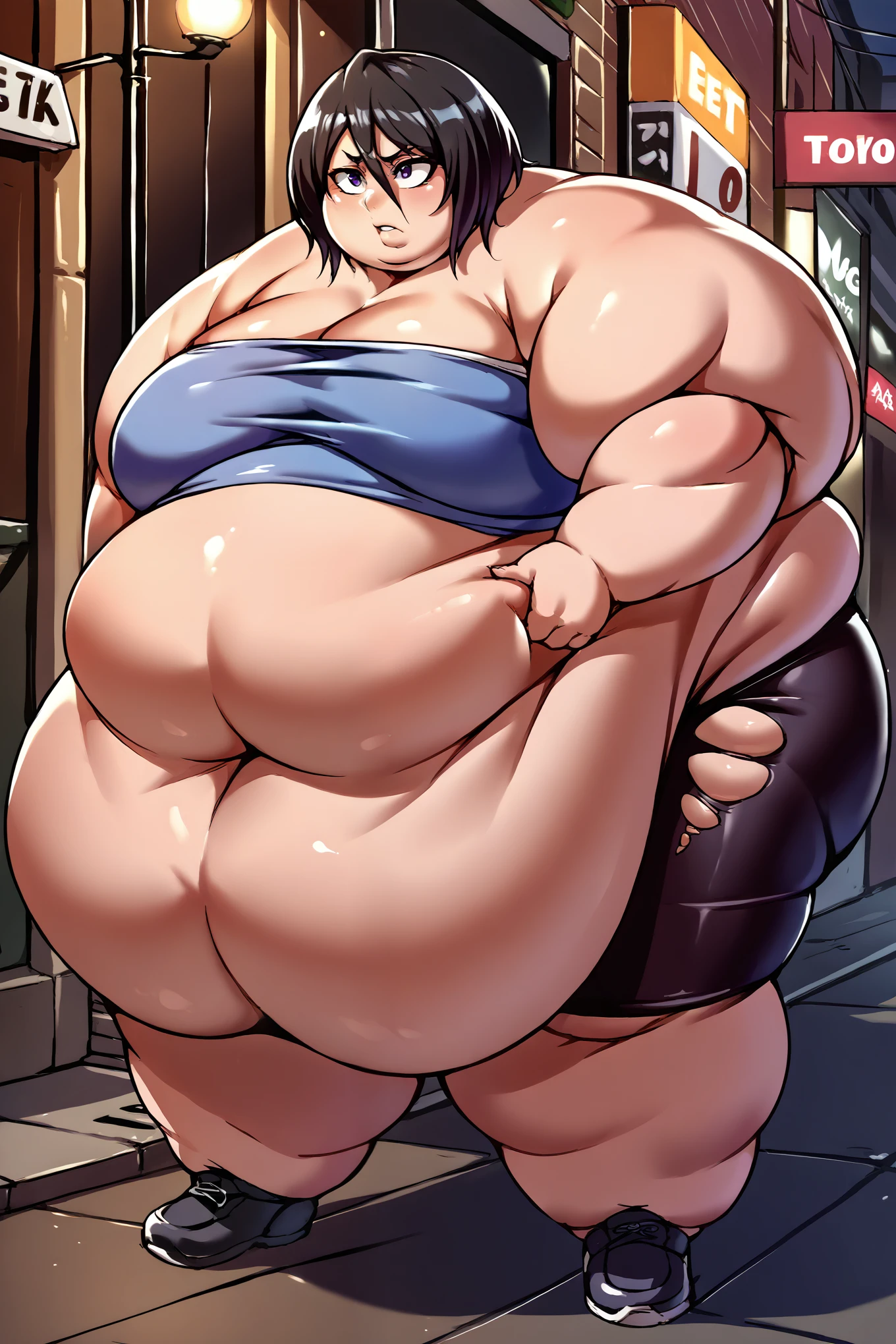 score_9, score_8_up, score_7_up, score_6_up, source_anime BREAK 1girl, solo,  defrka, black hair, black eyes, short hair, street, 10 ft tall, blue tube top, black bike shorts, fat, chubby, obese, gigantic arms and legs, ripped clothes