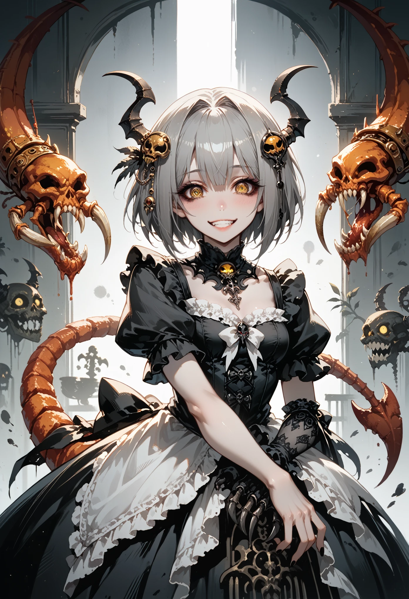 A girl with a scorpion tail. Black carapace. gothic dress. Her one hand becomes a scorpion's claw. Gray hair. short hair. Yandere Smile. yellow eyes hair ornament in her hair. mucus.