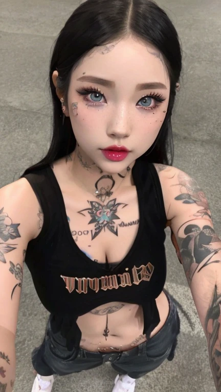 A closeup of a woman with tattoos on her arms and blue bunny eyes, cruel korean goth girl, Coberto, de menina taiwanesa com tatuagens, estilo de tinta, Killstar, kanliu666, com tatuagem facial, Tatuado, Ela parece uma mistura de Grimes, yakuza menina magra, goth girl aesthetic, gothic aesthetic, com tatuagens de runa no rosto, mujer coreana, pale milky white porcelain skin, dollfie dream, anime barbie doll, detailed body and eyes, ball jointed doll, 🤤 girl portrait, hyper realistic aesthetic, small freckles, hyper realistic teenager, barbie doll, freckles!!!, detailed face, realistic, Físico : el abdomen más pequeño jamás visto, jisoo from blackpink, popular south korean makeup, quality detailed ,(beautiful makeup :1.2), big, big ass, (best quality, 8K, masterpiece: 1.3), Clear focus: 1.2, Very detailed face and skin texture. , detailed eyes, double eyelids, (long hair), having very marked curves, with greater volume in ((big breasts))