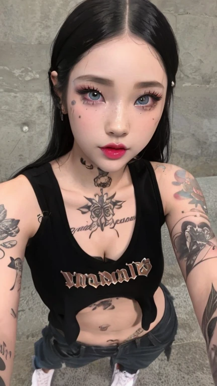 A closeup of a woman with tattoos on her arms and blue bunny eyes, cruel korean goth girl, Coberto, de menina taiwanesa com tatuagens, estilo de tinta, Killstar, kanliu666, com tatuagem facial, Tatuado, Ela parece uma mistura de Grimes, yakuza menina magra, goth girl aesthetic, gothic aesthetic, com tatuagens de runa no rosto, mujer coreana, pale milky white porcelain skin, dollfie dream, anime barbie doll, detailed body and eyes, ball jointed doll, 🤤 girl portrait, hyper realistic aesthetic, small freckles, hyper realistic teenager, barbie doll, freckles!!!, detailed face, realistic, Físico : el abdomen más pequeño jamás visto, jisoo from blackpink, popular south korean makeup, quality detailed ,(beautiful makeup :1.2), big, big ass, (best quality, 8K, masterpiece: 1.3), Clear focus: 1.2, Very detailed face and skin texture. , detailed eyes, double eyelids, (long hair), having very marked curves, with greater volume in ((big breasts))