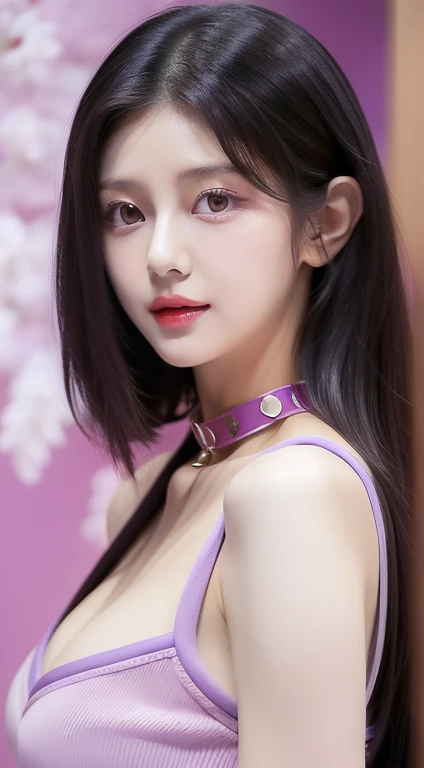 perfect figure beautiful woman：1.4，Layered Hair Style，Protruding cleavage，top two-dimensional clothing：1.5，Highly Detailed Face and Skin Textur，double eyelid，Whiten the skin，white long hair，playing water，Collar, purple lilac eyes, bambi eyes