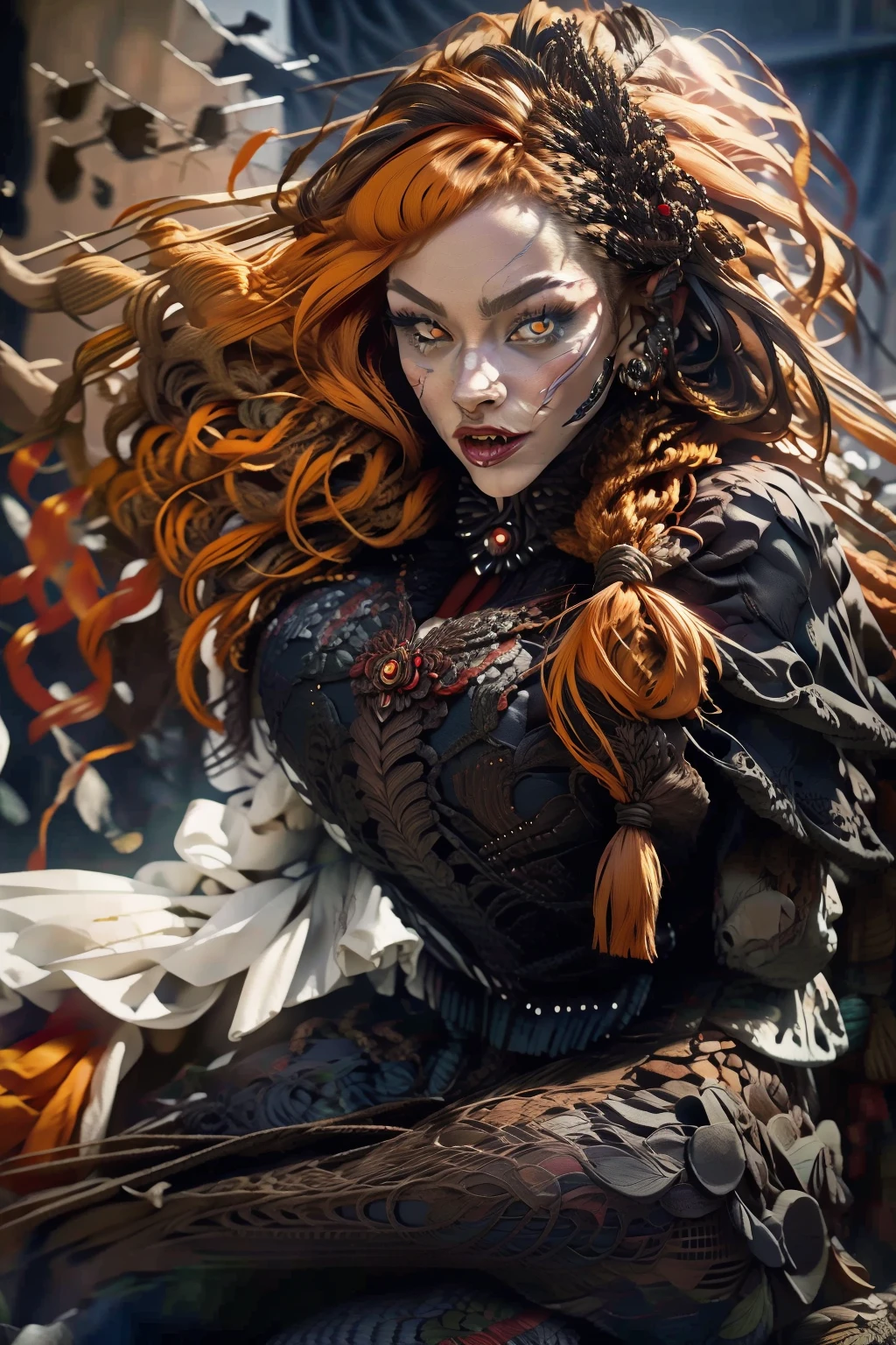 [Best quality,shaded,extreme detail,Highly detailed,Ultra detailed,intricate,Realistic],wolf woman,wolf girl,full body portrait,full fur,red fur,full tail,red tailed red hair,straight hair,hair with braid, a brooch in the hair, flower brooch, almond-shaped eyes, red eyes, intimidating smile, sinister look, demonic clothing