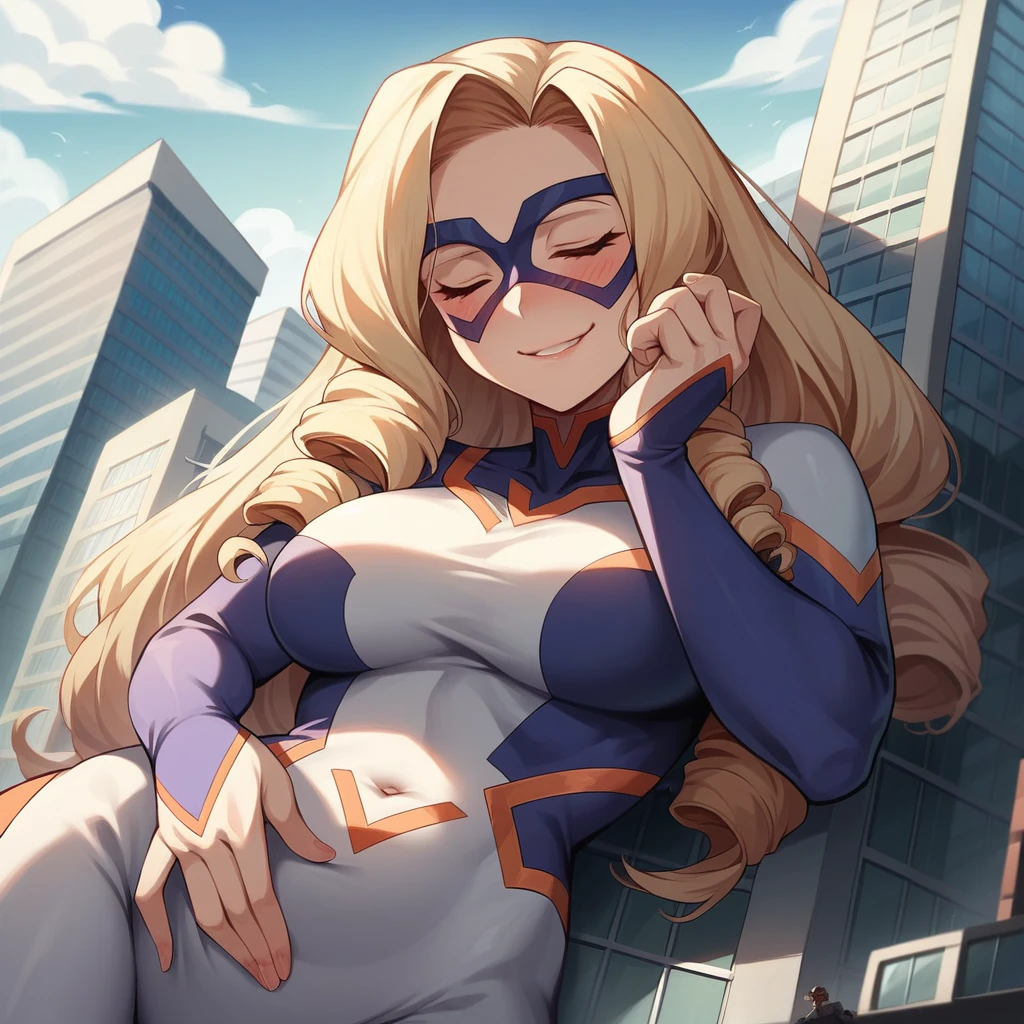 mt_lady, blonde hair, long hair, drill hair, domino mask, bodysuit, , big breasts, giantess, , highres, 4k, cinematic lighting, perfect, award-winning, hyper-detailed, , close up focus,, giantess, outdoors, city, buildings, looking at the side, side, on side, crazy smile, blush, hand on own belly, navel, deep navel, closed eyes, closed mouth, bite lips, anime coloring
