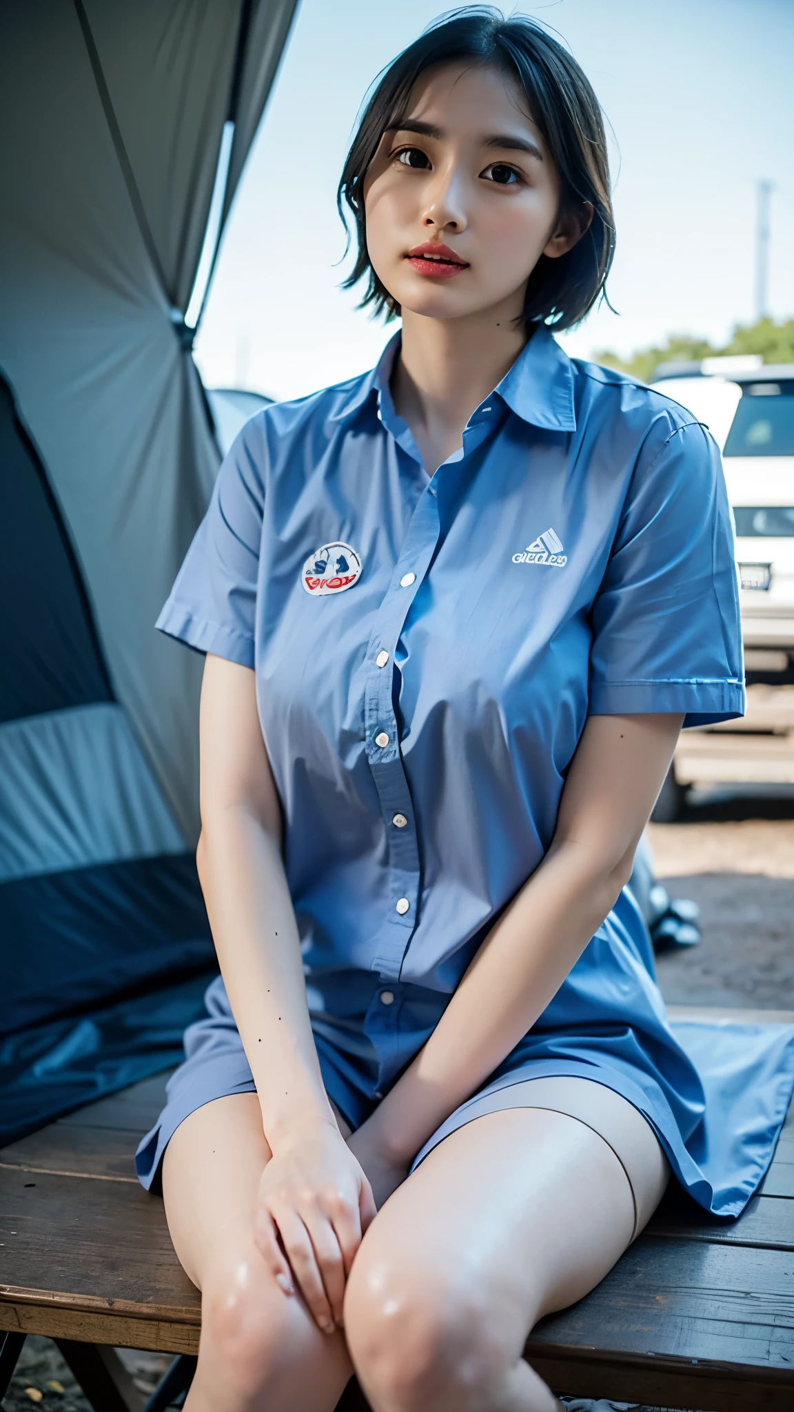 RAW photo, 1 girl, incredibly absurd, 29 years old, beautiful girl, (cute), (short hair), photo shoot, realistic, Depth of the bounds written, High resolution, Super detailed, delicate, very detailed, highly detailed eyes and face, sharp pupils, Realistic Office Lady, sharp focus, dark Natural lighting, Eye and face details, (camping uniform), cowboy shot full body, (wind lift:1.6), Cameltoe, campsite at night, sitting on a camping chair with knees up, stare, Big breasts that are about to burst, Close-up, perfect body, (hove to pee), (bonfire:1.2), Looking up from the feet