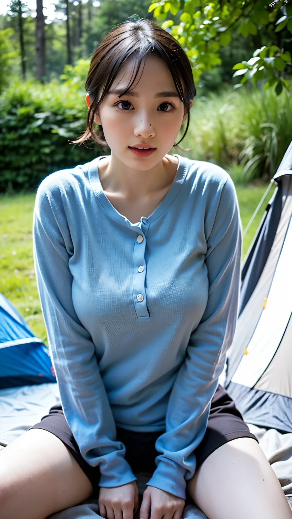 RAW photo, 1 girl, incredibly absurd, 29 years old, beautiful girl, (cute), (short hair), photo shoot, realistic, Depth of the bounds written, High resolution, Super detailed, delicate, very detailed, highly detailed eyes and face, sharp pupils, Realistic Office Lady, sharp focus, dark Natural lighting, Eye and face details, (camping uniform), cowboy shot full body, (wind lift:1.6), Cameltoe, campsite at night, sitting on a camping chair with knees up, stare, Big breasts that are about to burst, Close-up, perfect body, (hove to pee), (bonfire:1.2), Looking up from the feet