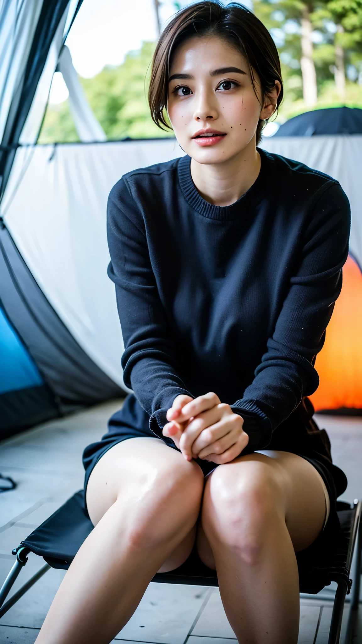 RAW photo, 1 girl, incredibly absurd, 29 years old, beautiful girl, (cute), (short hair), photo shoot, realistic, Depth of the bounds written, High resolution, Super detailed, delicate, very detailed, highly detailed eyes and face, sharp pupils, Realistic Office Lady, sharp focus, dark Natural lighting, Eye and face details, (camping uniform), cowboy shot full body, (wind lift:1.6), Cameltoe, campsite at night, sitting on a camping chair with knees up, stare, Big breasts that are about to burst, Close-up, perfect body, (hove to pee), (bonfire:1.2), Looking up from the feet