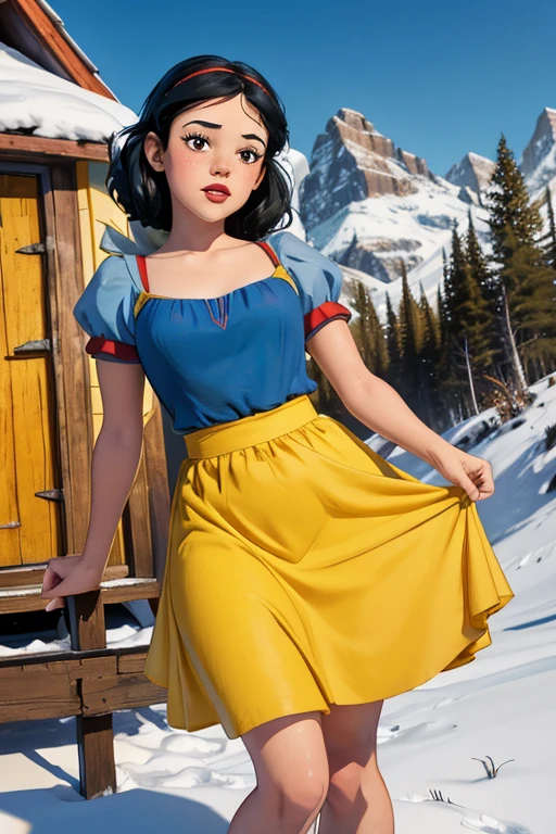 1girl, young girl, Jenna Ortega as Snow White, outside 7 dwarfs hut, blue dress, yellow skirt, red ribbon headband, freckles, blushing, red lips, 