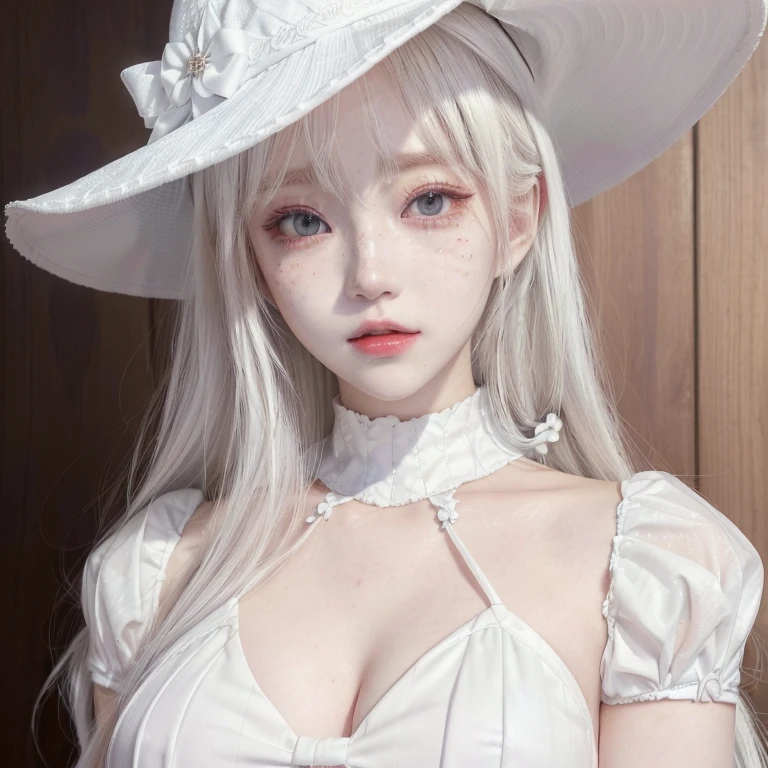 anime girl with white hat and white dress posing for camera, anime visual of a young woman, griffith, today's featured anime still, female anime character, jormungand anime, white haired lady, white haired deity, yoko taro, anime key visual of elegant, anime character, detailed anime character art, albedo from the anime overlord, neferpitou, mujer coreana, pale milky white porcelain skin, dollfie dream, anime barbie doll, detailed body and eyes, ball jointed doll, 🤤 girl portrait, hyper realistic aesthetic, small freckles, hyper realistic teenager, barbie doll, freckles!!!, detailed face, realistic, Físico : el abdomen más pequeño jamás visto, jisoo from blackpink, popular south korean makeup, quality detailed ,(beautiful makeup :1.2)