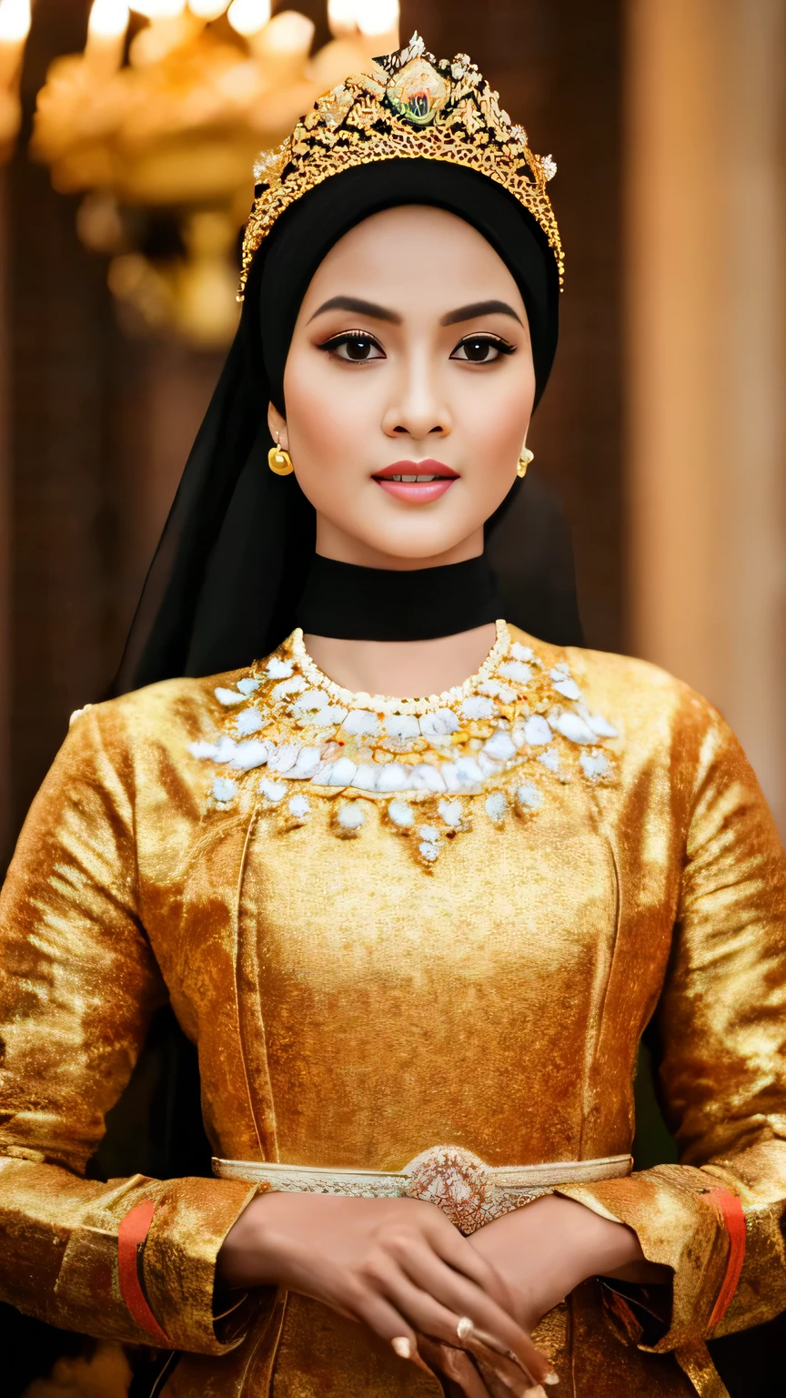 (best quality,4k,highres,masterpiece:1.2),ultra-detailed,realistic:1.37,beautiful and regal Javanese queen with hijab,dark and luxurious palace backdrop,beautiful detailed eyes and face,long eyelashes,voluptuous and curvy figure,exquisite jewelry and accessories,ornate and intricate patterned textiles,dazzling crown and royal attire,golden light illuminating the scene,vibrant and vivid color palette,soft and ethereal lighting,confident and alluring expression,graceful and elegant pose,serene and majestic atmosphere,rich cultural elements and symbols,meticulously captured body contours,subtle and tasteful sensuality,endless attention to every detail,romantic and dreamlike ambiance,artistic interpretation of beauty,stylish and sophisticated composition.