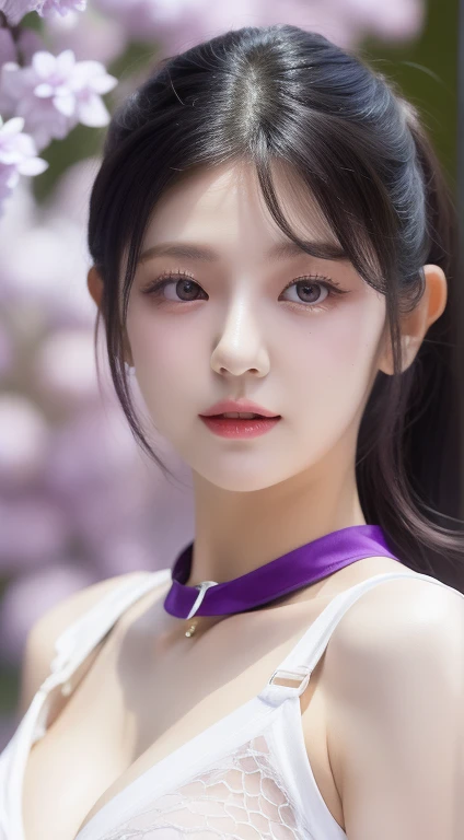 perfect figure beautiful woman：1.4，Layered Hair Style，Protruding cleavage，top two-dimensional clothing：1.5，Highly Detailed Face and Skin Textur，double eyelid，Whiten the skin，white long hair，playing water，Collar, purple lilac eyes, bambi eyes, white hair