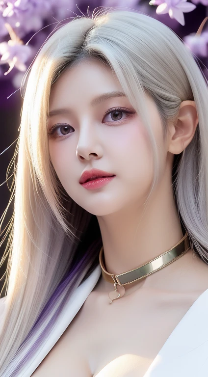 perfect figure beautiful woman：1.4，Layered Hair Style，Protruding cleavage，top two-dimensional clothing：1.5，Highly Detailed Face and Skin Textur，double eyelid，Whiten the skin，white long hair，playing water，Collar, purple lilac eyes, bambi eyes, white hair