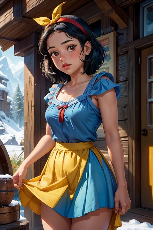 1girl, young girl, Jenna Ortega as Snow White, outside 7 dwarfs hut, blue dress, yellow skirt, red ribbon headband, freckles, blushing, red lips, 