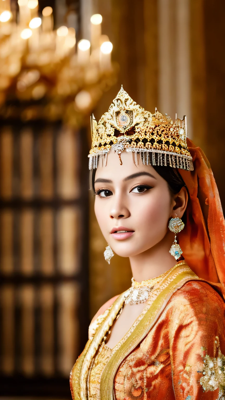 (best quality,4k,highres,masterpiece:1.2),ultra-detailed,realistic:1.37,beautiful and regal Javanese queen with hijab,dark and luxurious palace backdrop,beautiful detailed eyes and face,long eyelashes,voluptuous and curvy figure,exquisite jewelry and accessories,ornate and intricate patterned textiles,dazzling crown and royal attire,golden light illuminating the scene,vibrant and vivid color palette,soft and ethereal lighting,confident and alluring expression,graceful and elegant pose,serene and majestic atmosphere,rich cultural elements and symbols,meticulously captured body contours,subtle and tasteful sensuality,endless attention to every detail,romantic and dreamlike ambiance,artistic interpretation of beauty,stylish and sophisticated composition.