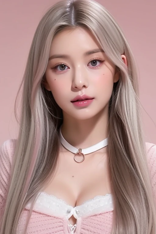 perfect figure beautiful woman：1.4，Layered Hair Style，Protruding cleavage，Pink two-dimensional clothing：1.5，Highly Detailed Face and Skin Textur，double eyelid，Whiten the skin，long whitr hair，playing water，Collar, pink lilac eyes, bambi eyes, white hair, hairs white