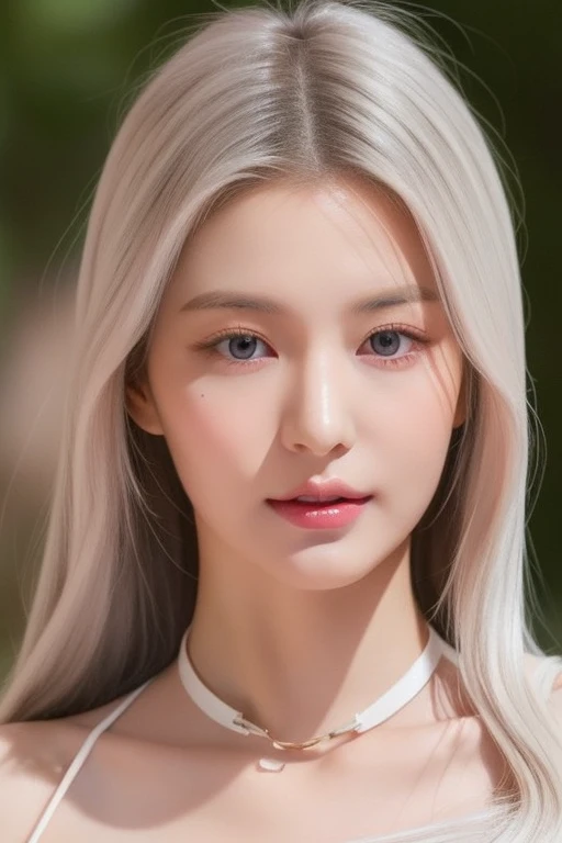 perfect figure beautiful woman：1.4，Layered Hair Style，Protruding cleavage，Pink two-dimensional clothing：1.5，Highly Detailed Face and Skin Textur，double eyelid，Whiten the skin，long whitr hair，playing water，Collar, pink lilac eyes, bambi eyes, white hair, hairs white