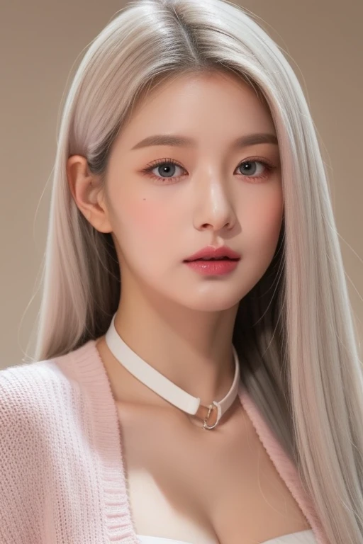 perfect figure beautiful woman：1.4，Layered Hair Style，Protruding cleavage，Pink two-dimensional clothing：1.5，Highly Detailed Face and Skin Textur，double eyelid，Whiten the skin，long whitr hair，playing water，Collar, pink lilac eyes, bambi eyes, white hair, hairs white