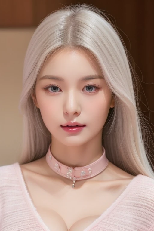 perfect figure beautiful woman：1.4，Layered Hair Style，Protruding cleavage，Pink two-dimensional clothing：1.5，Highly Detailed Face and Skin Textur，double eyelid，Whiten the skin，long whitr hair，playing water，Collar, pink lilac eyes, bambi eyes, white hair, hairs white