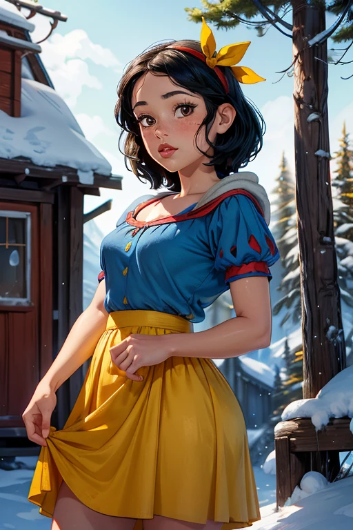 1girl, young girl, Jenna Ortega as Snow White, outside 7 dwarfs hut, blue dress, yellow skirt, red ribbon headband, freckles, blushing, red lips, 