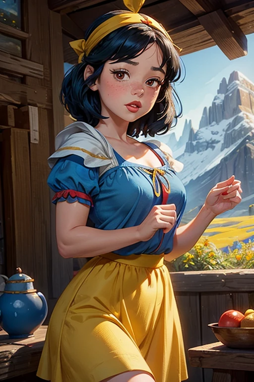 1girl, young girl, Jenna Ortega as Snow White, outside 7 dwarfs hut, blue dress, yellow skirt, red ribbon headband, freckles, blushing, red lips, 