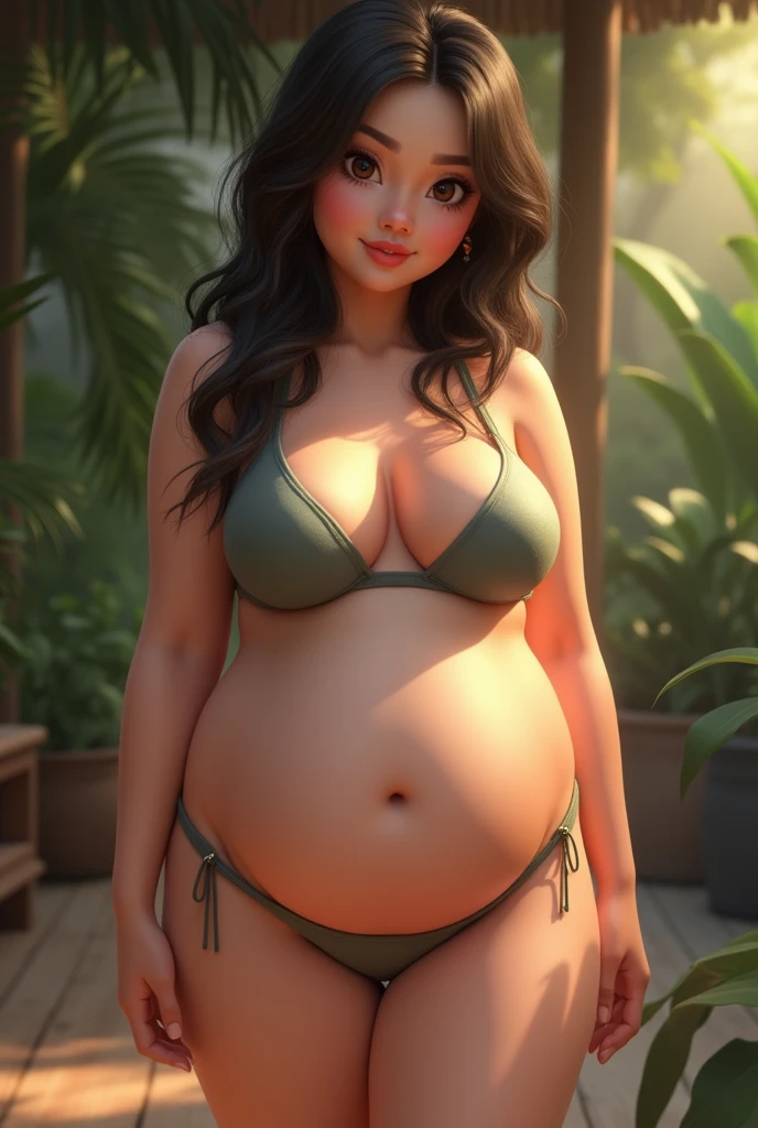 Gorgeous chubby pregnant woman, updo hair, (bikini), outdoor Japanese garden, bbw, morbidly obese, round protruding pregnant belly, weight gain, (high quality lighting),