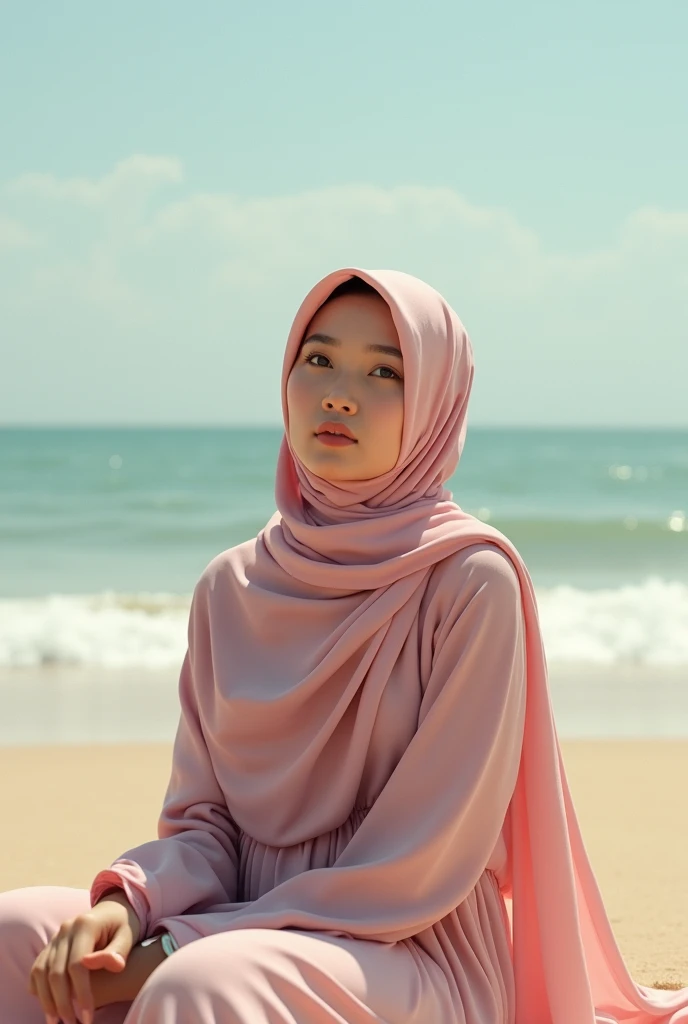 close-up of beautiful korea woman, ) wearing long hijab, walking on the beach, mountain background, UHD