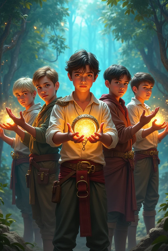 2 boys find an old math wizard with a floating eye above his hand in a 70s dark fantasy art style