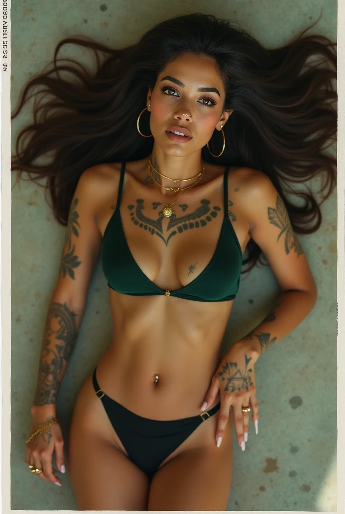 Brown skin woman in hipster underwear,brown skin at the beach, model posing,Brightly colored tattoos on arms and legs,(tattoo all:1.5),a black chair in front of a palm leaf wall mural, tropical palms, palm leaves on the beach, palm lines, palm, tropical leaves, fronds, palm pattern visible, palms, photo - realistic wallpaper, wall mural, interior background, wallpaper on the walls, wallpaper design, palm tree, high-quality wallpaper, tropical foliage, tropical mood, tropical trees,