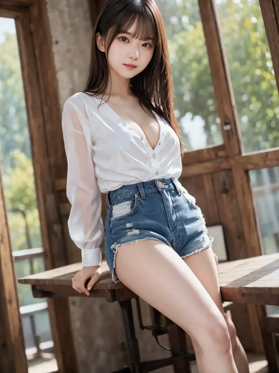  white shirt 、Complex and beautiful eyes、woman、 womanらしい黒髪、(Long and beautiful legs : 1.5), (one piece : 1.6), (Delicate and realistic hair、１Realistic hair)、bangs、 naturally colored lips、smile、((White Indoor))、((18歳woman:1.2))、 young and adorable Japanese face, Official Art， very detailedなCGユニティ8Kの壁紙，（masterpiece:1.0),(Best Quality:1.0), 超 high definition,4K, very detailed, photo shoot, 8k,  NFSDW,  high definition,  Kodak portrait 400 ,  film grain ,  lens flare glow ,高いest quality,8k, NFSDW:1.2),  Portrait Shot ,8k、 viewer, (((Front View))), (((Front View))), ((facing))、 body facing forward、Bold cleavage、 tight chest、 small face, Best Quality、 Super beautiful images、 upper body、stand up