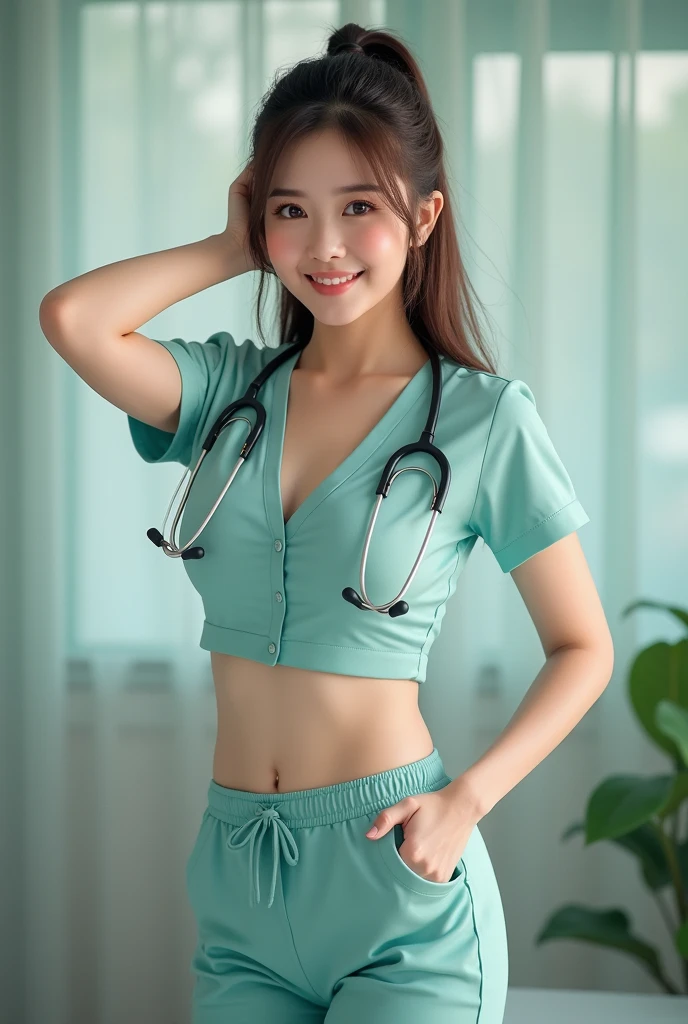 32k, 8k, Alafed woman in nursing clothes sitting at table, Japan idle, Japanese Models, nurse girl, various seducing poses, Sexy Pose, perfect bodies、a choker