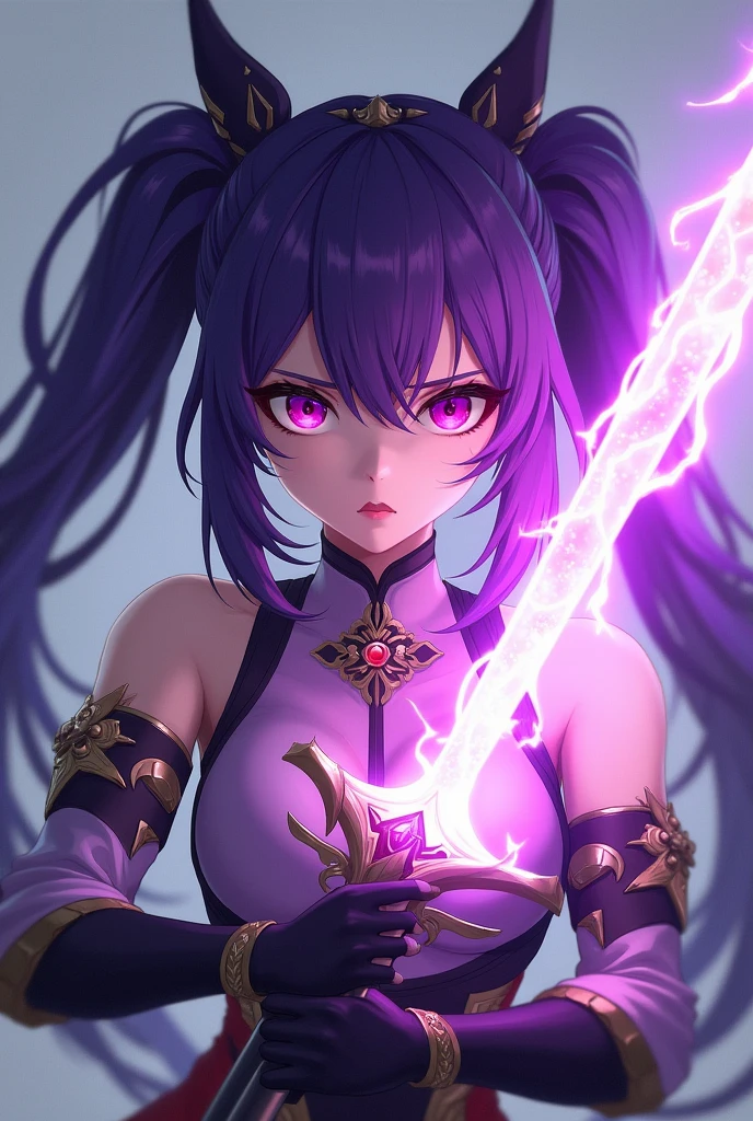 1girl, Roupas japonesas,Raiden Shogun, rabo-de-cavalo ,cabelos roxo, Purple eyes, Magical Circle, raio roxo, aura roxa, papel de parede, Landscape, sangue, respingos de sangue, profundidade de campo, Noite, light particles, raios de luz, side-lighting, Coxas, destino \(Series\), Impacto Genshin, ****, jaqueta aberta, saia, coxas, Cloud