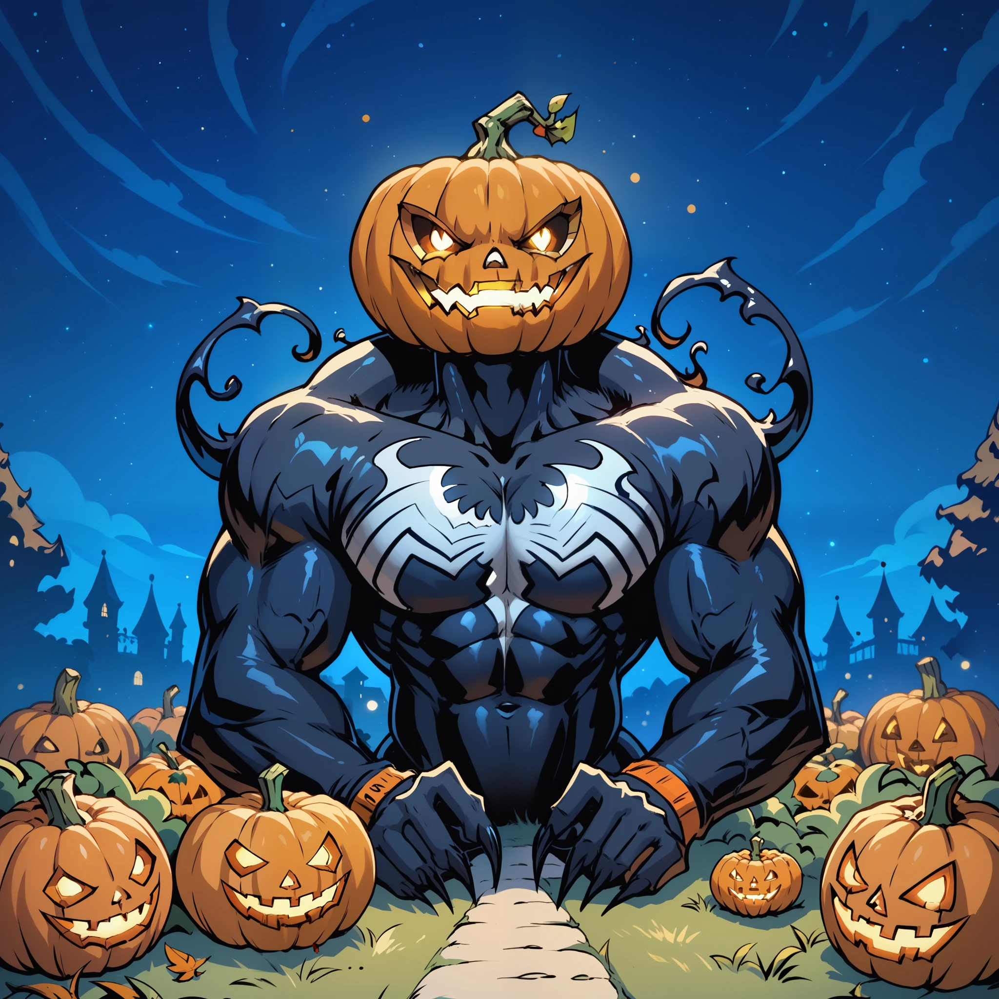 attractive venom girl with jack the lantern head, pumpkin head, Halloween. Cozy magical village background. Night.