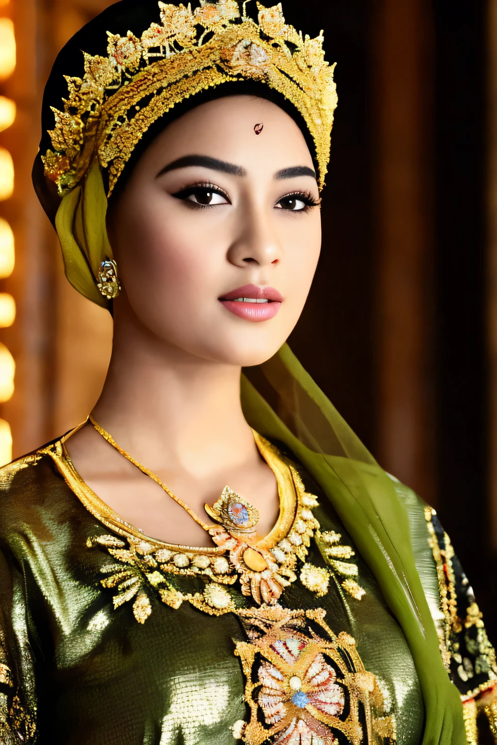 (best quality,4k,highres,masterpiece:1.2),ultra-detailed,realistic:1.37,beautiful and regal Javanese queen with hijab,dark and luxurious palace backdrop,beautiful detailed eyes and face,long eyelashes,voluptuous and curvy figure,exquisite jewelry and accessories,ornate and intricate patterned textiles,dazzling crown and royal attire,golden light illuminating the scene,vibrant and vivid color palette,soft and ethereal lighting,confident and alluring expression,graceful and elegant pose,serene and majestic atmosphere,rich cultural elements and symbols,meticulously captured body contours,subtle and tasteful sensuality,endless attention to every detail,romantic and dreamlike ambiance,artistic interpretation of beauty,stylish and sophisticated composition.