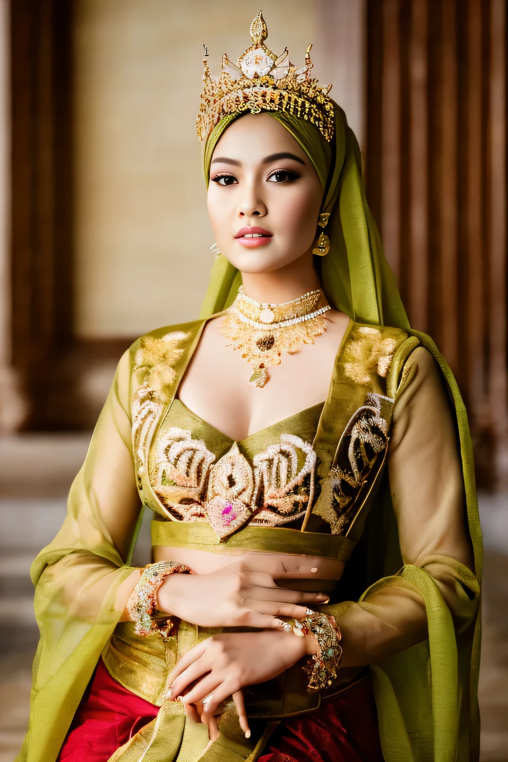 (best quality,4k,highres,masterpiece:1.2),ultra-detailed,realistic:1.37,beautiful and regal Javanese queen with hijab,dark and luxurious palace backdrop,beautiful detailed eyes and face,long eyelashes,voluptuous and curvy figure,exquisite jewelry and accessories,ornate and intricate patterned textiles,dazzling crown and royal attire,golden light illuminating the scene,vibrant and vivid color palette,soft and ethereal lighting,confident and alluring expression,graceful and elegant pose,serene and majestic atmosphere,rich cultural elements and symbols,meticulously captured body contours,subtle and tasteful sensuality,endless attention to every detail,romantic and dreamlike ambiance,artistic interpretation of beauty,stylish and sophisticated composition.