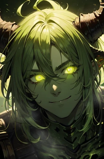 1male, high detail, masterpiece, green skin, dark green hair, nurgle, claws, bones, green glowing eyes, green fog, green and gold open armor, smile, horns, lean, perfect face, green skin, messy hair