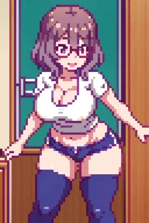 STICKER, (solid outline:1.3), (NSFW:1.2), (masterpiece:1.2), (best quality), (ultra detailed), (8k, 4k, intricate), (full-body-shot:1), (highly detailed:1.2), (detailed face:1.2), (dynamic pose:1.2), Velma Dinkley lifting her sweater to show her bare breasts, 1girl, solo female, bare breasts, kneeling down legs together, short hair, skirt, large breasts, brown hair, brown eyes, pantyhose, pleated skirt, glasses, hands behind her head, exposed breasts, shoes, full-length, ((full body))