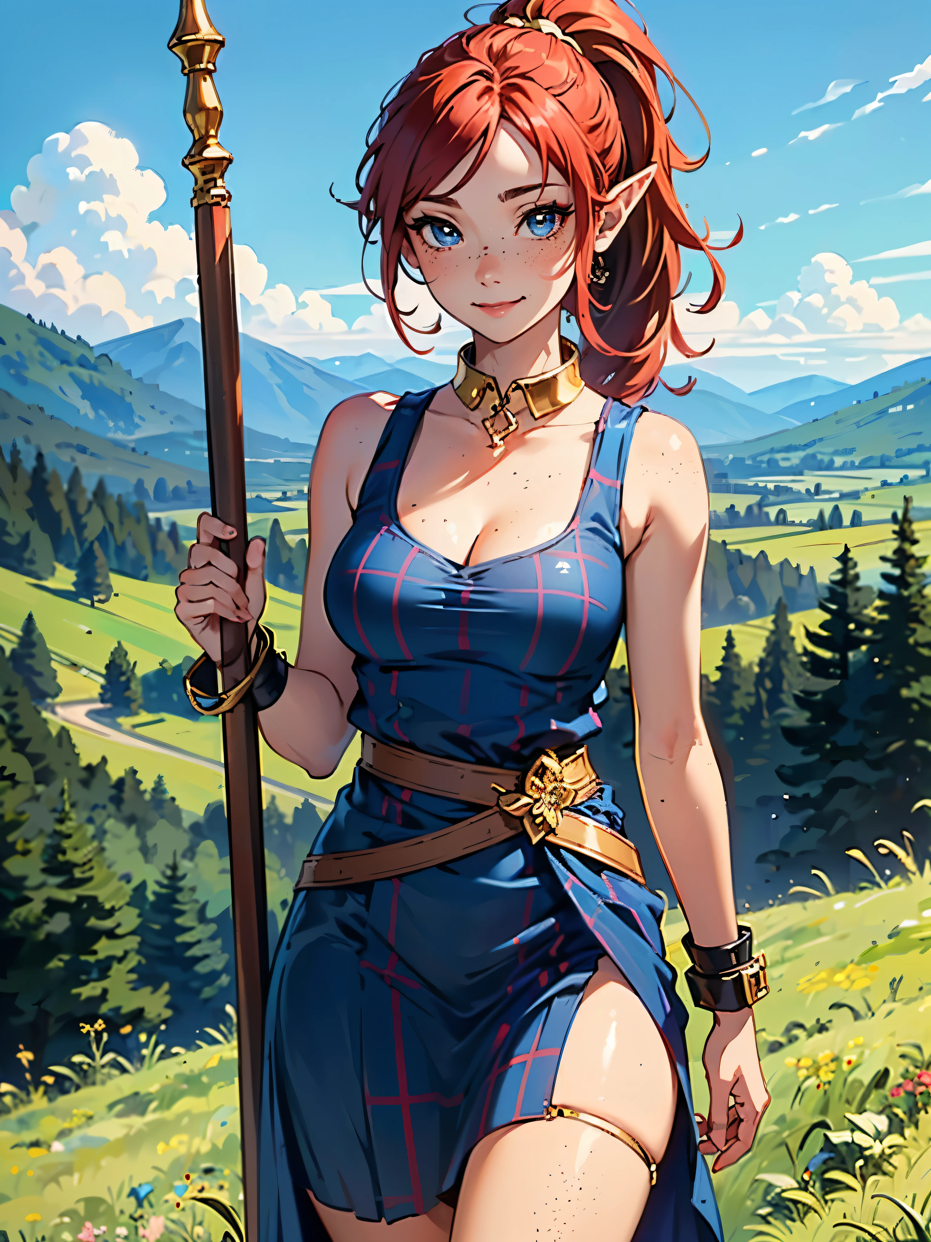 masterpiece, high quality, illustration, extremely detailed, cg unity 8k, NSFW, 1_woman, walking, (upper body) (Caucasian skin_complexion:1.4), mature, statuesque, beautiful, exotic, ((freckles)), with long elf ears, smiling, (((looking away from viewer))), (holding wooden staff), medium breast, (((gold neck slave collar))), thick golden cuffs, wearing (((long) blue plaid dress)), blue plaid sash, white tank top, wearing backpack, cleavage, ((thigh gap)), bare_shoulders, (red hair), (((long ponytail))), detailed face having ((blue eyes), dark_eyeliner, long_eyelashes), outside on grassy hill, mountains in the distance, 