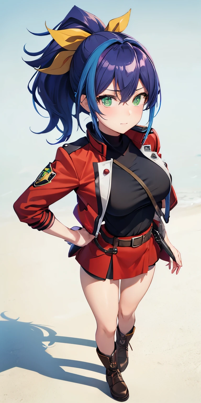 1 Female,High definition,high resolution,Ultra-realistic,8K, aaserena, ponytail,(multicolored hair),green eyes,black shirt,jacket,belt,red skirt,(shorts under skirt), tight skirt, miniskirt,medium breasts, brown boots,European,sexy,Upper body close-up,Photographed from the front,Dynamic Angles,blush, medium tits ,(top view),(full body), perfect face,cute face,perfect face,cute face,ultra high definition, detailed face,8k, multicolored hair 