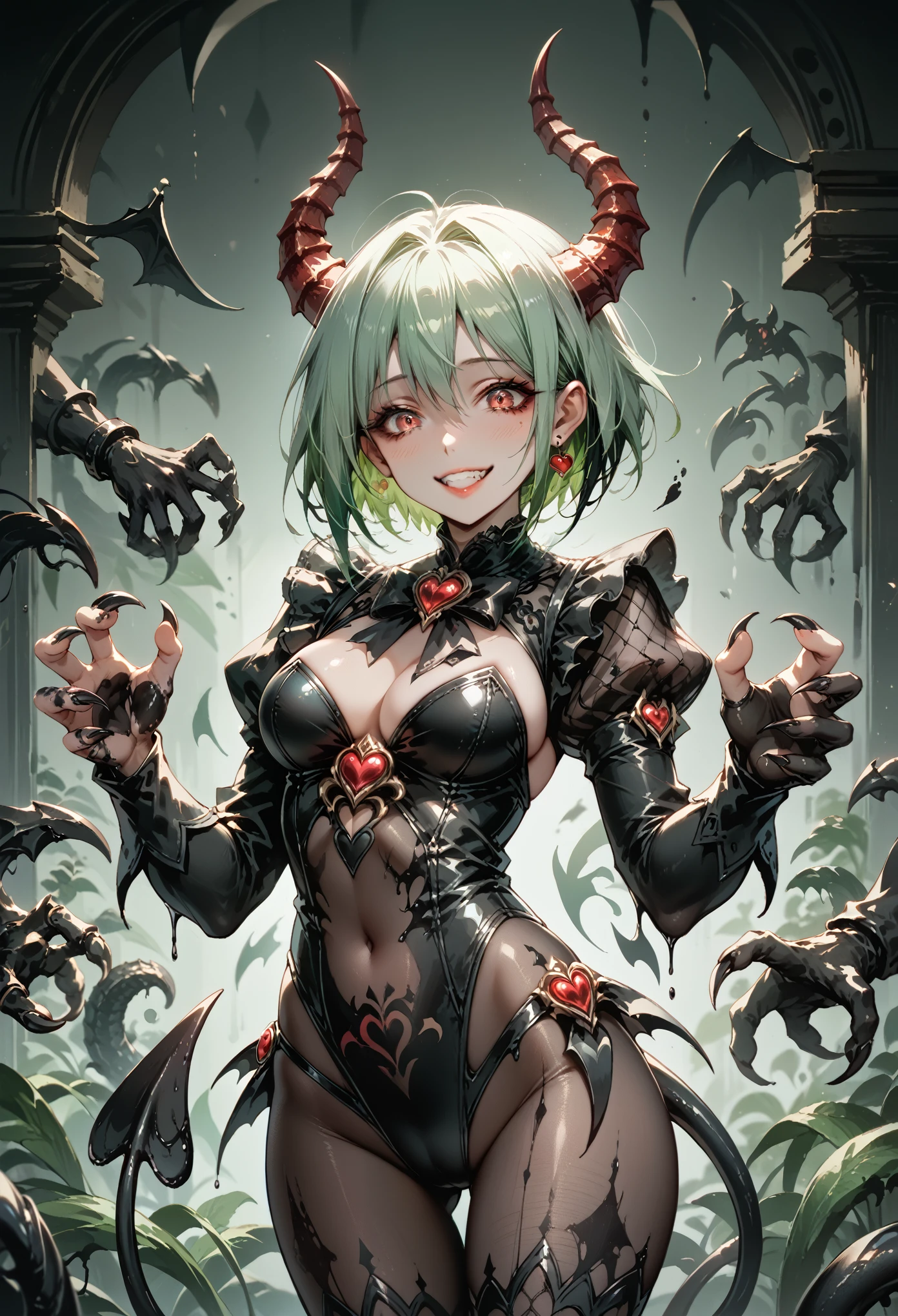 Succubus-style magical girl. Black scorpion tail. Scorpion motif. Black carapace. Mint green hair. Two-tone hair. Short hair. High legs. Body tights. Sharp claws. Black paint hands. Yandere Smile.