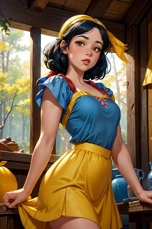 Masterpiece, 1girl, young girl, Jenna Ortega as Snow White, outside 7 dwarfs hut, (blue dress:1.1), (yellow skirt:1.2), (red ribbon headband:1.2), freckles, blushing, red lips, realistic face, 