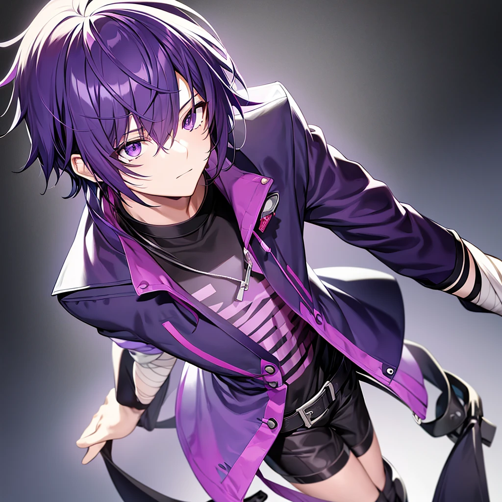 Generate an anime-style boy blindfolded with black bandages, purple hair,  dressed in a purple jacket and with black pants