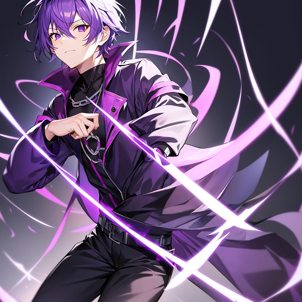 Generate an anime-style boy blindfolded with black bandages, purple hair,  dressed in a purple jacket and with black pants