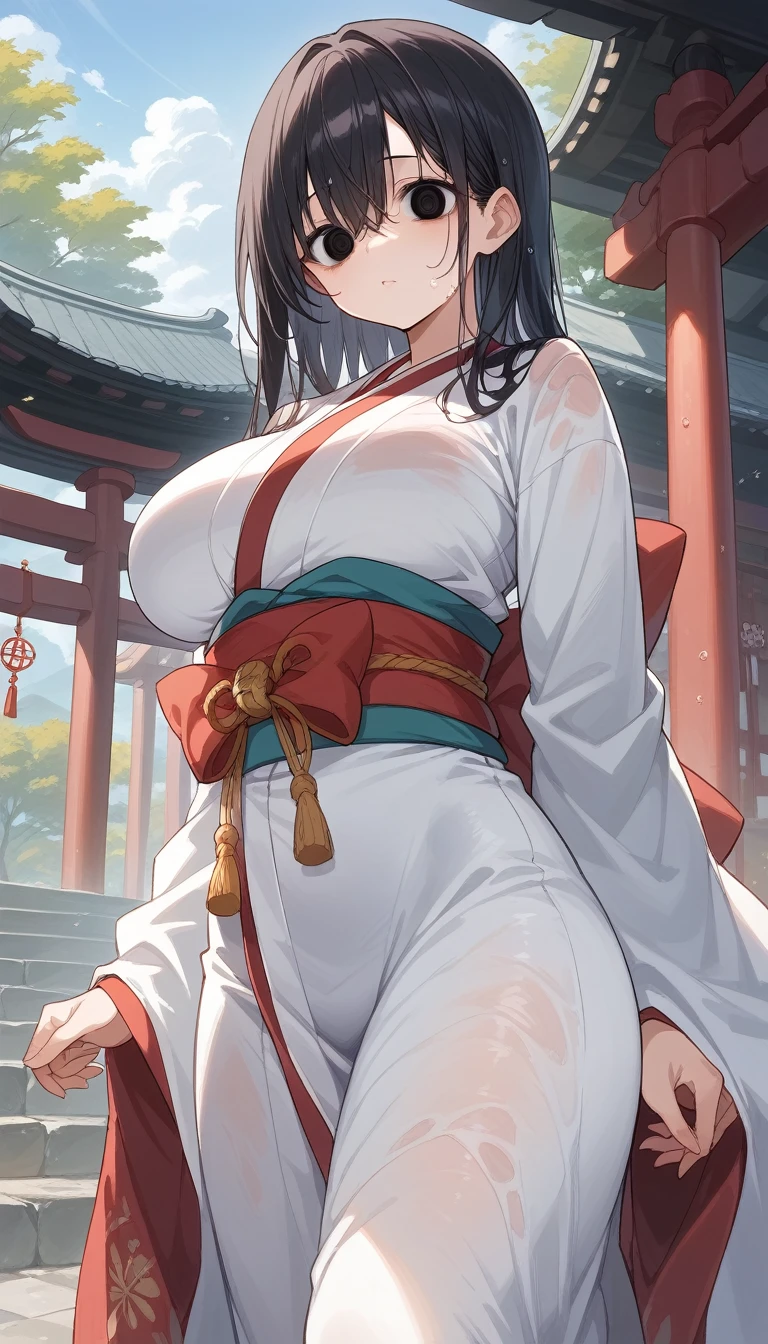 masterpiece, 最 high quality,  high quality, Super detailed, masterpiece, 超 high quality, Super detailed, Perfect drawing, COMPLETE ANATOMY,Official Art,Big Breasts、Sick girl、Hair over the eyes,  wet hair 、In the outdoors、Dead Eyes,Dull eyes, big breasts at the temple,Thick breasts and thighs,  huge ass,Black Hair,kimono,Shrine maiden, dark eyes、Dull eyes、Dead Eyes、 yandere、Young