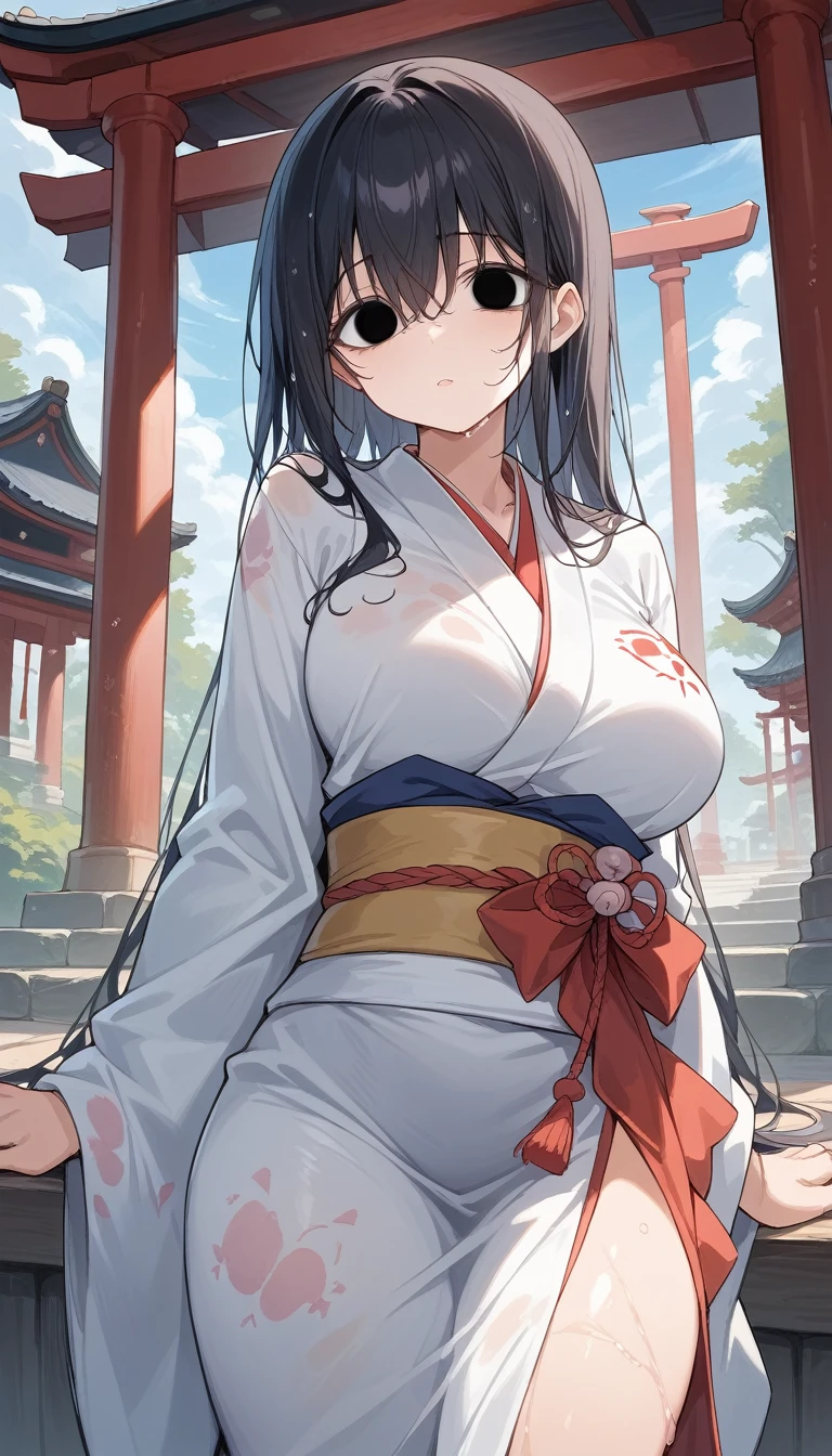 masterpiece, 最 high quality,  high quality, Super detailed, masterpiece, 超 high quality, Super detailed, Perfect drawing, COMPLETE ANATOMY,Official Art,Big Breasts、Sick girl、Hair over the eyes,  wet hair 、In the outdoors、Dead Eyes,Dull eyes, big breasts at the temple,Thick breasts and thighs,  huge ass,Black Hair,kimono,Shrine maiden, dark eyes、Dull eyes、Dead Eyes、 yandere、Young