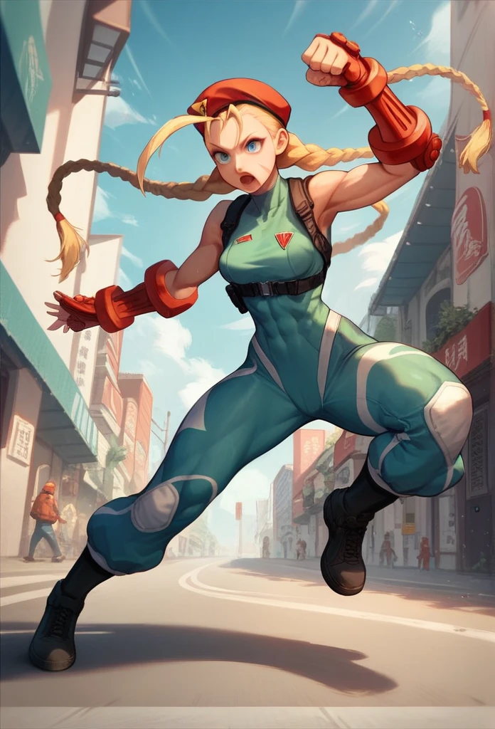 Realistic image of young Cammy from Street Fighter II, kicking over the observer. exterior, Chinese commercial street, Ultra detailed, open mouth, braided pigtails, blue eyes, dynamic pose