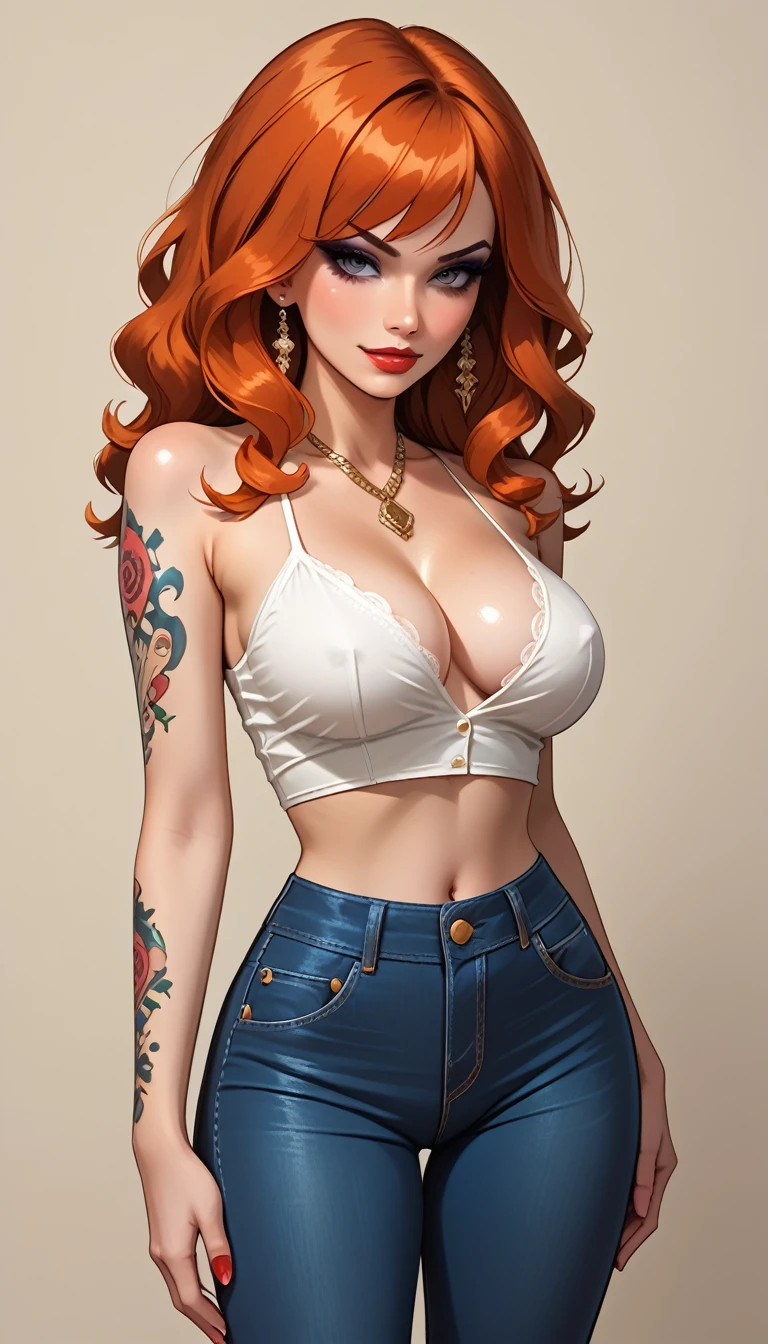  1 girl, sexy girl, wide hips, pin up style, half body, medium breasts, thin waist, slender build, cartoon, pinup