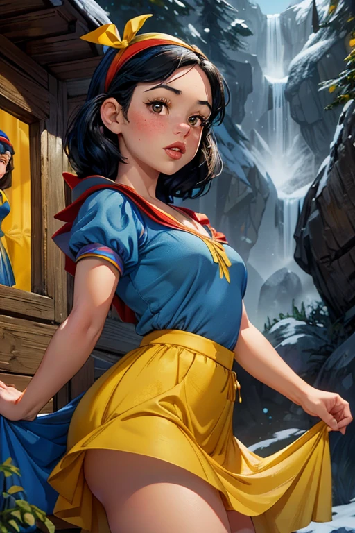 Masterpiece, 1girl, young girl, Jenna Ortega as Snow White, outside 7 dwarfs hut, (blue dress:1.1), (yellow skirt:1.2), (red ribbon headband:1.3), freckles, blushing, red lips, realistic face, 