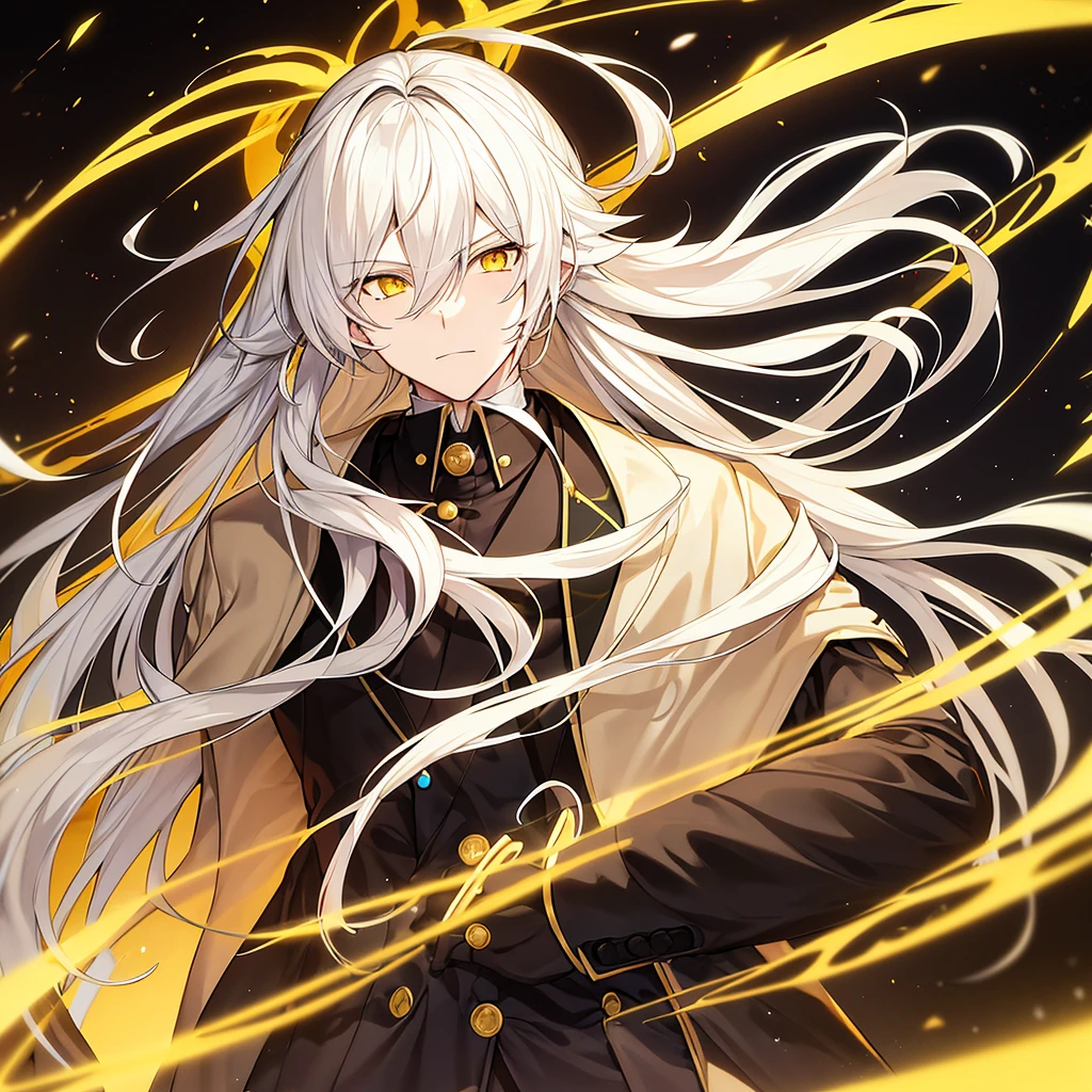  Generate an anime-style boy with long white hair , with yellow and reptilian eyes ,  dressed in a long black trench coat with golden rays